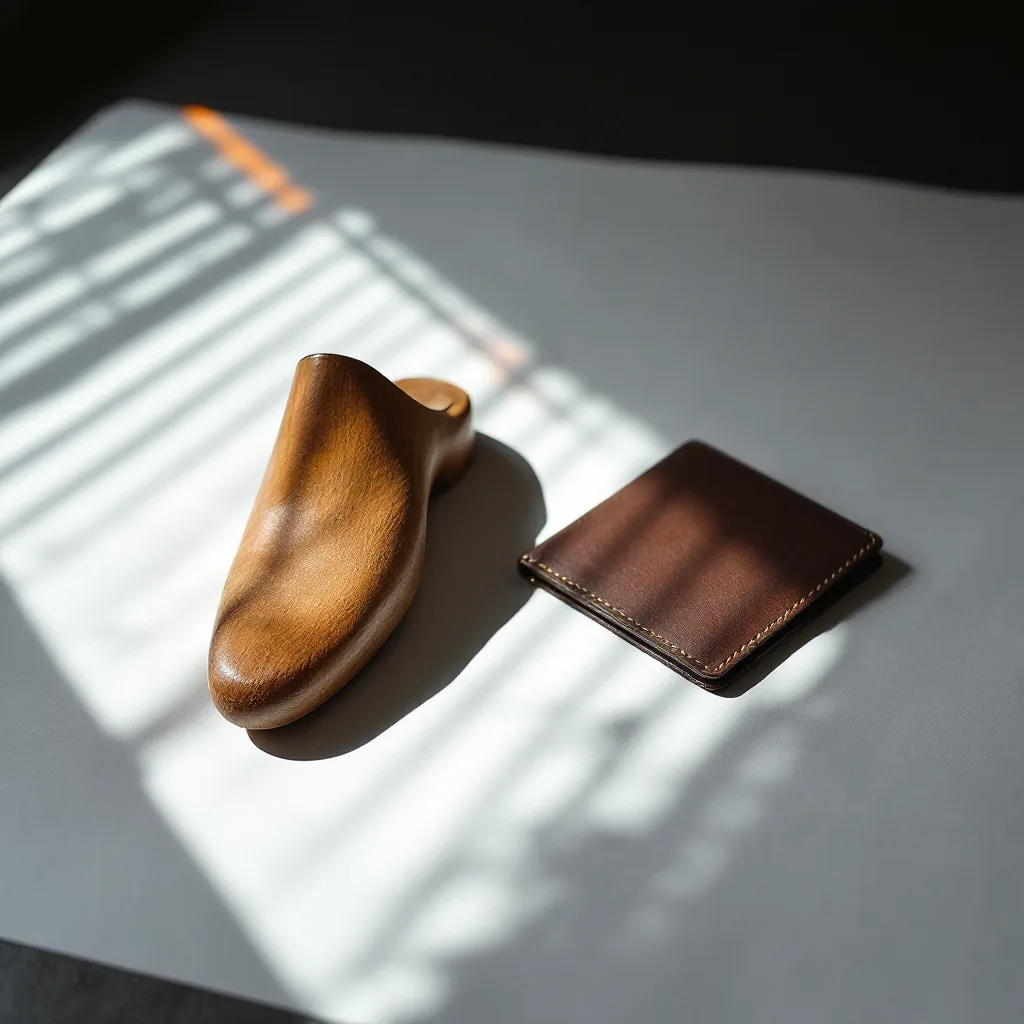 A wooden cobbler’s last beside a stitched leather wallet on white seamless paper