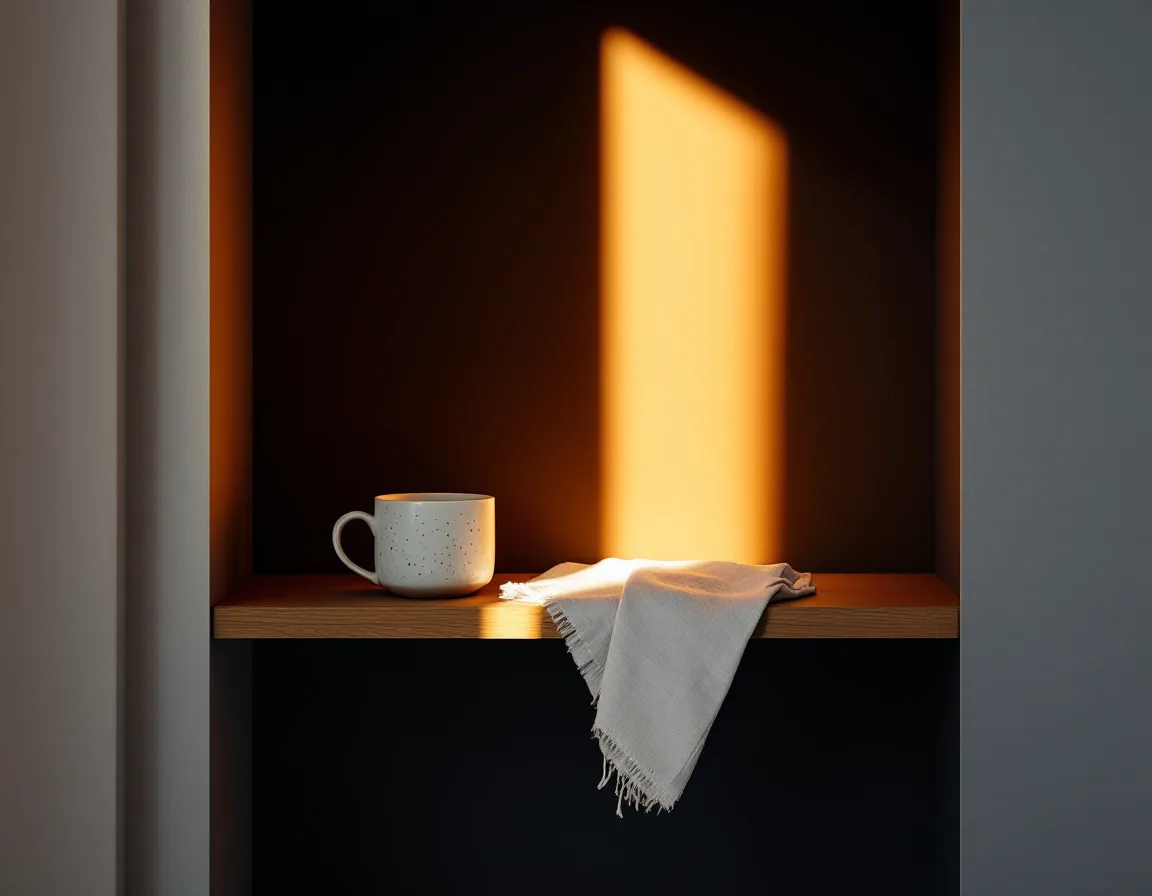 A ceramic mug and linen napkin on a walnut shelf in a white alcove, crossed by a diagonal shaft of light