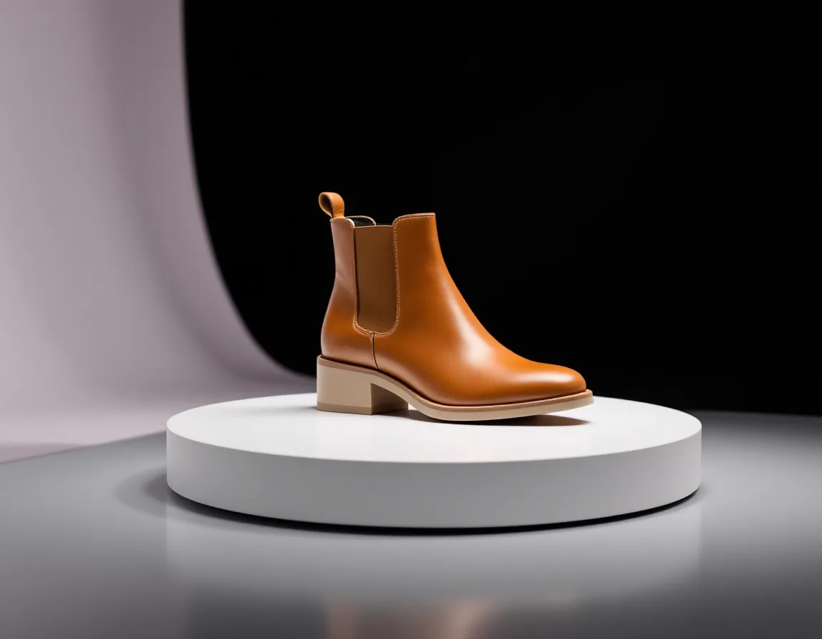 A leather ankle boot turning on a white turntable, its heel traced by a thin magenta rim light