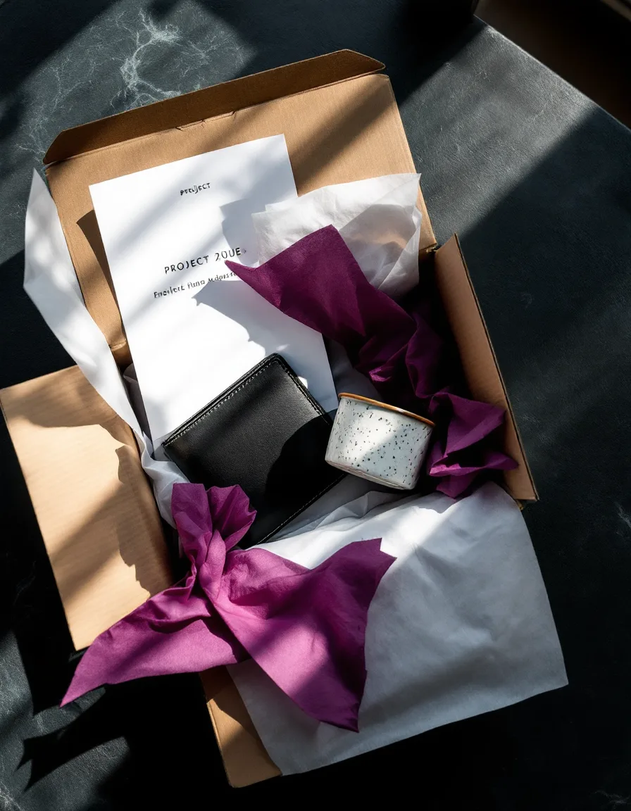 An open kraft box lined with tissue, holding a leather wallet, a ceramic cup and a handwritten packing slip