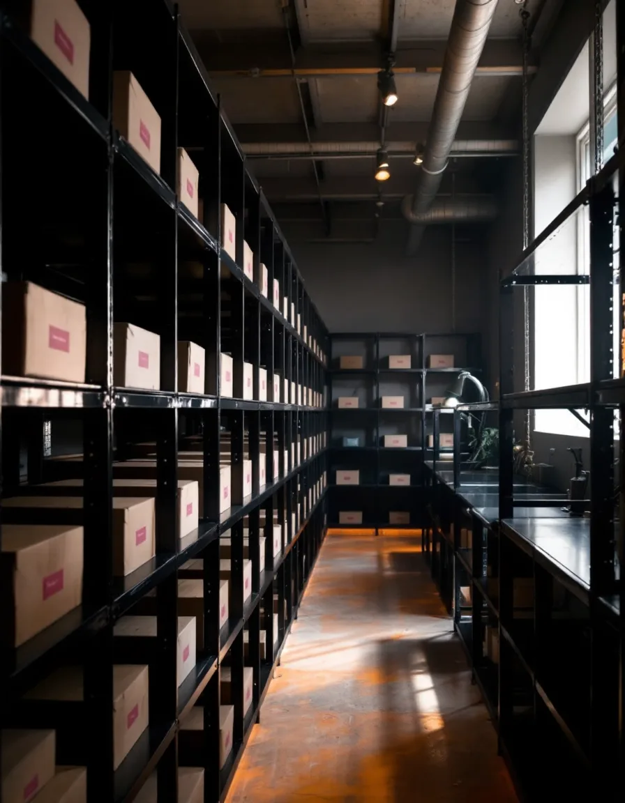 Rows of dark shelves, each holding one labeled kraft-paper parcel, lit by a window at the end of the aisle