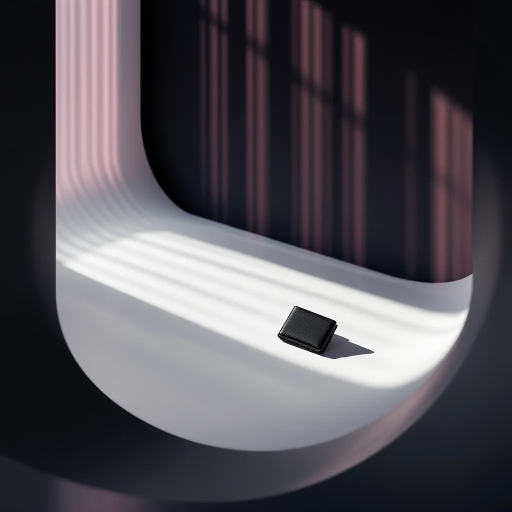 A leather wallet centered on a white paper sweep, striped by light through window blinds